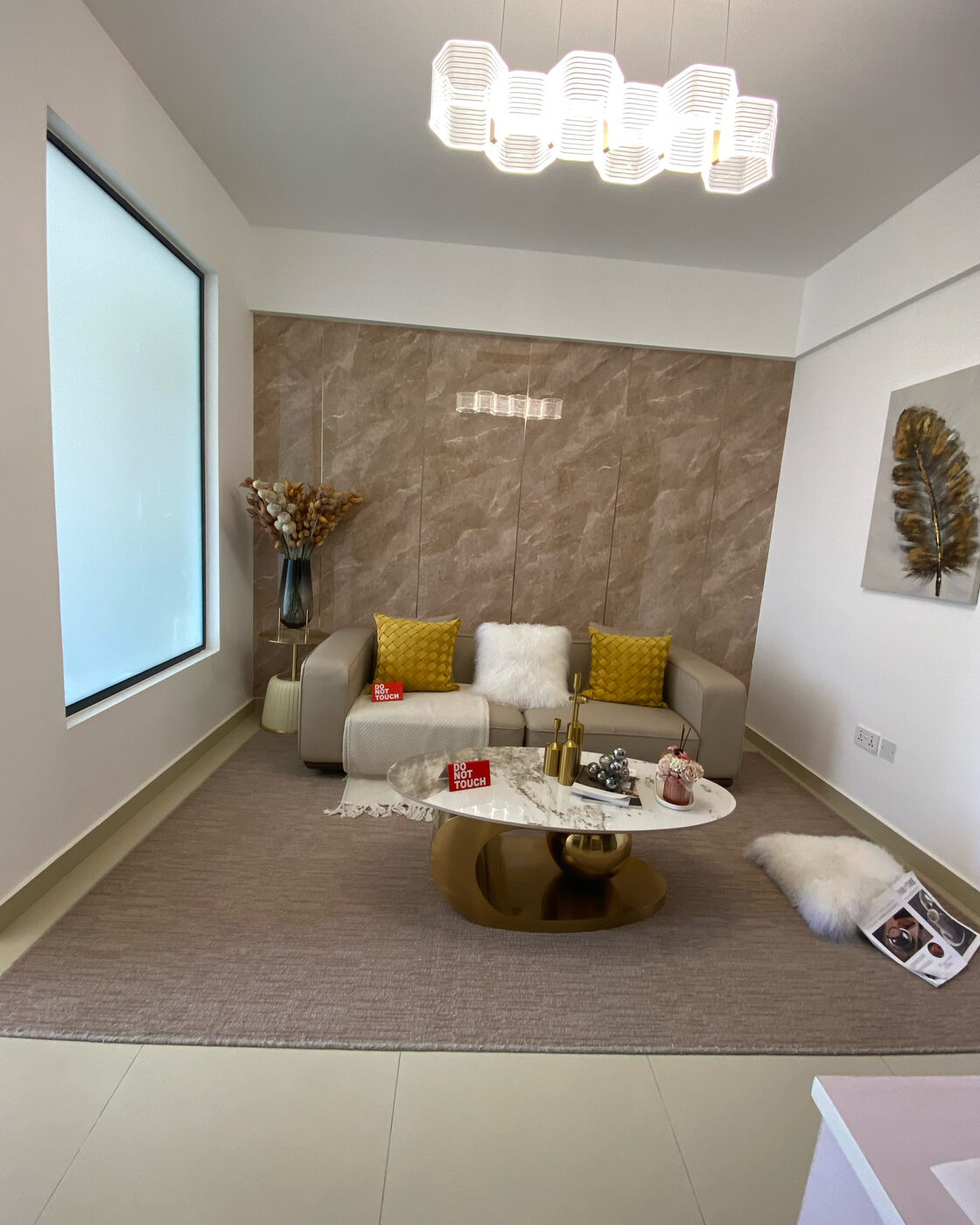 Living room with gold accent coffee table